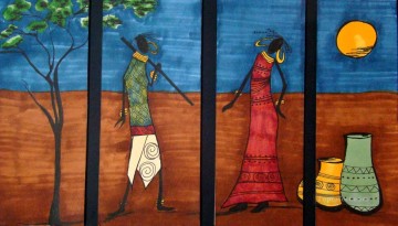  Anneau Tableaux - couple noir sous la lune en 4 panneaux Afriqueine